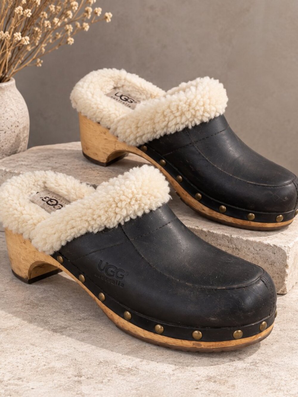 Ugg Women’s Kalie Sheepskin Studded Wooden Clogs Brown Size 8
